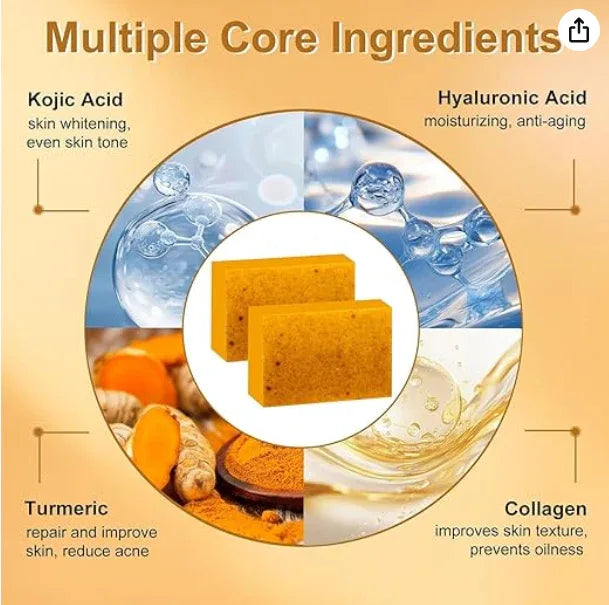 (BUY 1 GET 1 FREE ) Kojic Acid Turmeric Dark Spot Remover Scrub Soap Bar (2x100g), Pore Exfoliating Softening Kojic Acid Lemon Turmeric Soaps for Face Body, Dark Spot Corrector Deep Cleansing Facial Scrub - African skincare