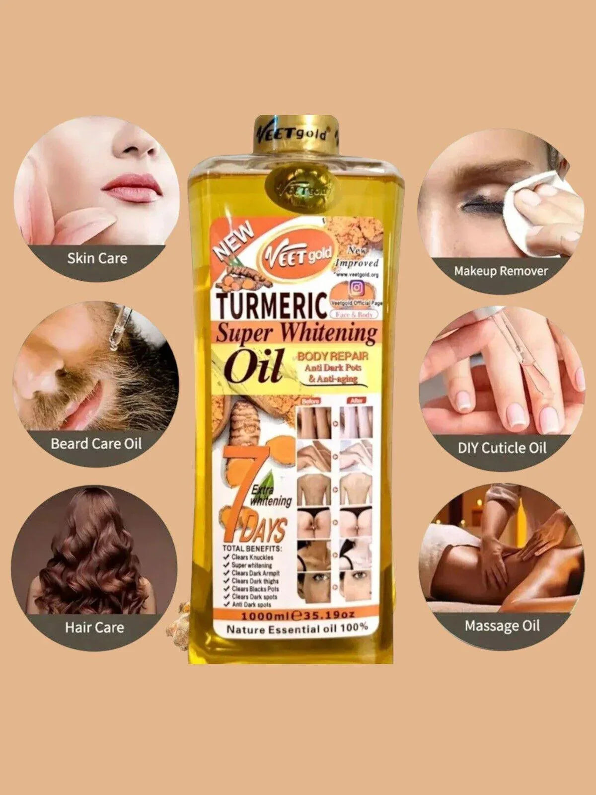Veet Gold Natural Turmeric Skin Brightening Oil for Dark Spots - Cleanses Skin, Fights Acne, Evens Tone, Heals Scars - Pure Handcrafted Turmeric Oil Skincare Made in the USA - African skincare